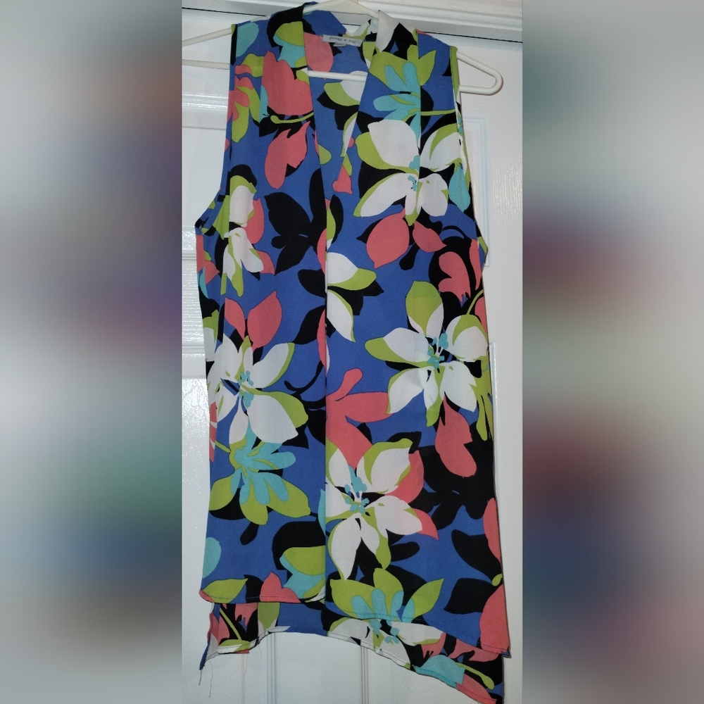 Pretty Floral & ivy Blue, Greens,Orange Sleeveless V  Flowy Top Large Flowers